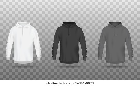 Front view of sweatshirts or hoodies in three colors, realistic vector mockup illustration isolated on transparent background. Fashion clothes long sleeve templates set.