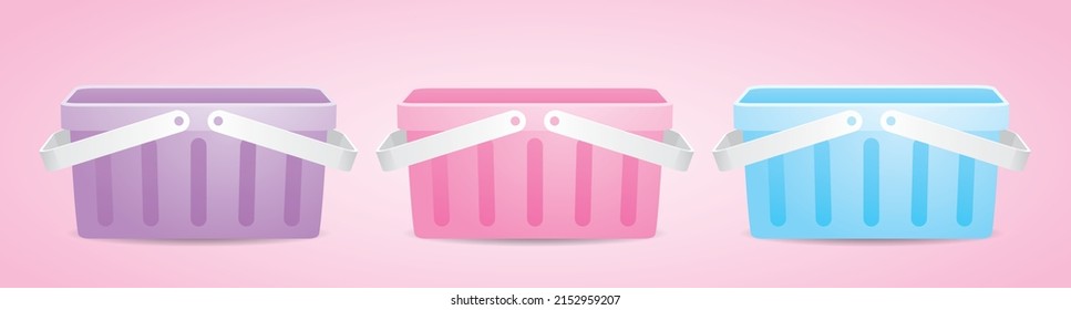 front view of sweet pastel purple and pink and blue shopping basket 3d illustration vector