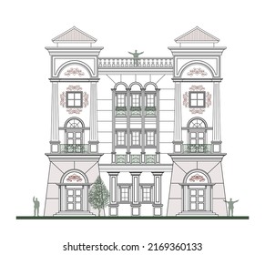 Front view of symmetrical trapezoidal 3 storey classic building with 7 columns, 7 doors, 5 windows, balustrade and 2 crowns.