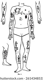 Front view of a tattoo demonstration by the man, Line art graphic isolated vector. Vintage looking male body 
