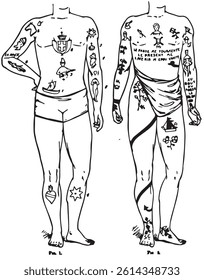 Front view of a tattoo demonstration by two men, Line art graphic isolated vector. Vintage looking male body 