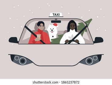 A front view of a taxi cab, Christmas holidays, a driver and a passenger on a front seat with a dog and a xmas tree on a backseat, urban lifestyle