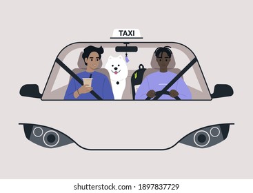 A Front View Of A Taxi Cab, A Driver And A Passenger On A Front Seat With A Dog On A Backseat, Urban Lifestyle