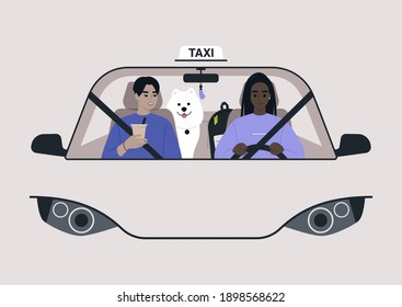 A Front View Of A Taxi Cab, A Driver And A Passenger On A Front Seat With A Dog On A Backseat, Urban Lifestyle