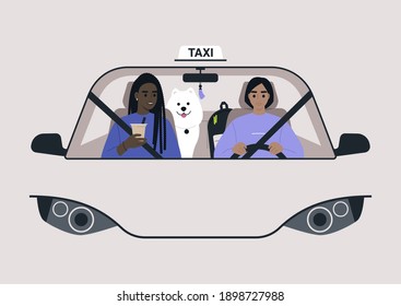 A Front View Of A Taxi Cab, A Driver And A Passenger On A Front Seat With A Dog On A Backseat, Urban Lifestyle