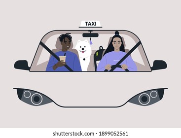 A front view of a taxi cab, a driver and a passenger on a front seat with a dog on a backseat, urban lifestyle