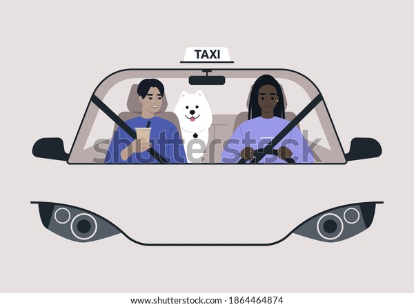 A front view of\
a taxi cab, a driver and a passenger on a front seat with a dog on\
a backseat, urban lifestyle