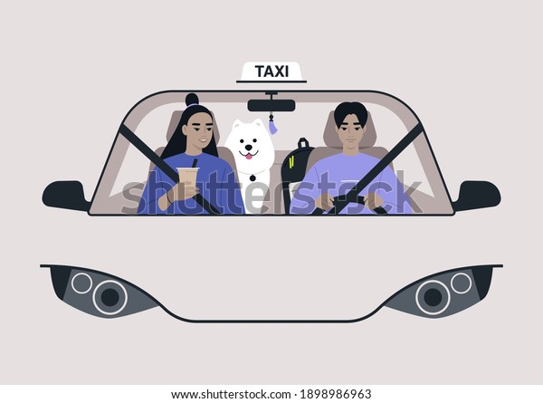 A front view of
a taxi cab, a driver and a passenger on a front seat with a dog on
a backseat, urban lifestyle
