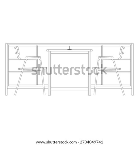 Front view technical illustration featuring a modern conference table with clean legs and integrated cable ports, accompanied by six chairs showing their front frames and backrests.