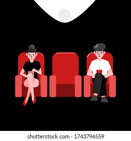 Front view Teens couple sitting on red chair watching movie in cinema hall. vector Illustration.