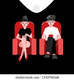 Vista frontal Una pareja de adolescentes sentada en silla roja viendo una película en el cine. Ilustración vectorial.