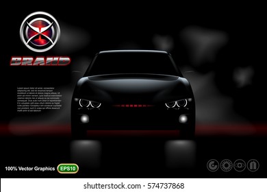 Front view Template mock up promotion with Black car on dark background, with logo and description in 3d vector illustration