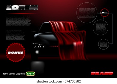 Front view Template mock up promotion with Black car on dark background in Digital vector illustration