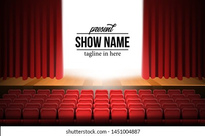 front view theater movie stage with luxury red curtain and wood floor and empty red seats concept ad