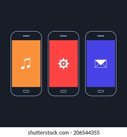 Front view of three black smart-phones with the displays in different colors and icons. Isolated on black background. Vector illustration, EPS 8.