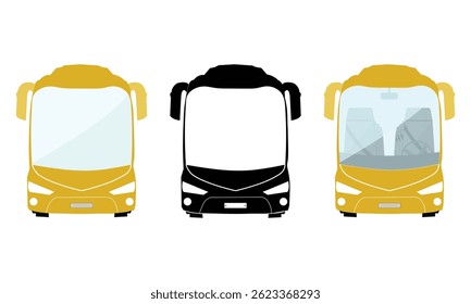 Front view of three different bus vectors, silhouettes and illustrations