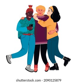 Front view of three hugging women in full length dynamic poses.People characters from different cultures communicate well with each other. Concept of friendship,care and love.Vector flat illustration.