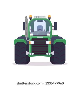 Front view of tractor for farming. Flat style vector illustration. Agriculture vehicle and transport banner. Modern agricultural machinery. Farm harvest engine vehicle.