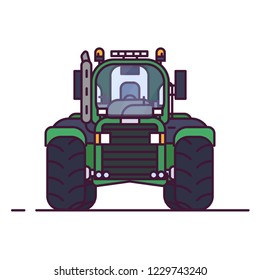 Front view of tractor for farming. Line style pixel perfect vector illustration. Agriculture vehicle and transport banner. Modern agricultural machinery. Farm harvest engine vehicle.