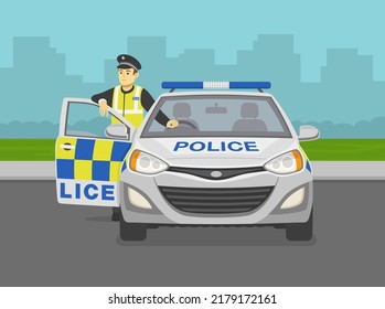 Front View Of A Traffic Police Officer Leaning On The Car Door. Parked Police Car. Flat Vector Illustration Template.