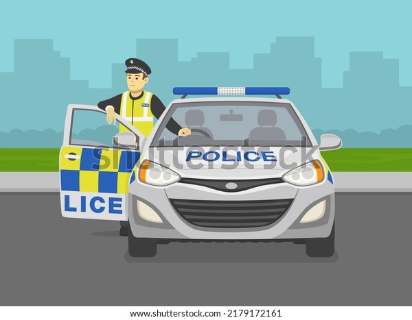 Front view\
of a traffic police officer leaning on the car door. Parked police\
car. Flat vector illustration\
template.