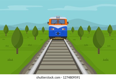 Front view of a train crossing the summer steppe. Summer landscape. Flat vector illustration template.