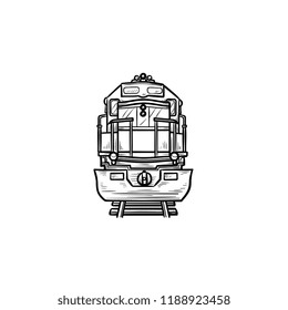 Front view of train hand drawn outline doodle icon. Railway transportation, railroad vehicle and travel concept. Vector sketch illustration for print, web, mobile and infographics on white background.