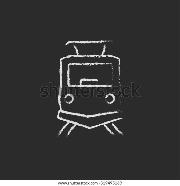 Front view of train hand\
drawn in chalk on a blackboard vector white icon isolated on a\
black background.