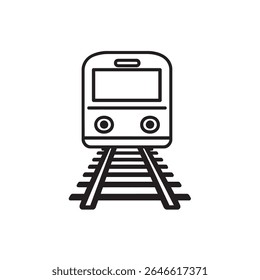 Front view of a train icon in outline style on railway tracks with a transparent backdrop. It highlights modern transportation and infrastructure simplicity for various project needs.