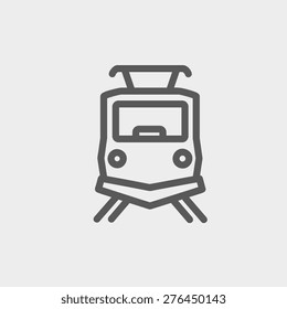 Front view of the train icon thin line for web and mobile, modern minimalistic flat design. Vector dark grey icon on light grey background.