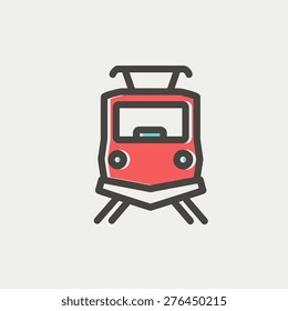 Front view of the train icon thin line for web and mobile, modern minimalistic flat design. Vector icon with dark grey outline and offset colour on light grey background.
