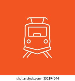 Vista frontal del icono de la línea de tren para web, móviles e infografías. Icono blanco vector aislado en fondo rojo.