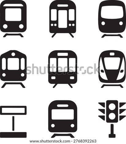 Front view train and metro icon set black silhouette