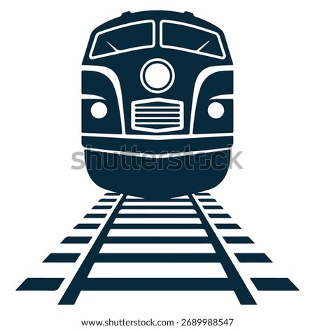 A front view of a train on the railway tracks. This image showcases the locomotive and its position on the tracks, ready for transportation and travel.