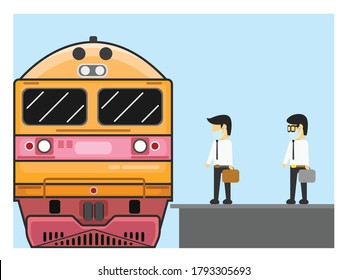 Front view of trains on railways track parking in railroads platform station. People waiting with safety protocol. Social distancing illustration. 