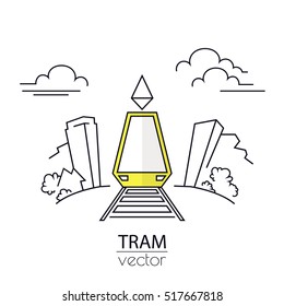 Front view of tram in city. Vector sketch image on white background. 
