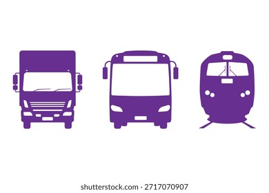 Front View Transportation Icons Set with Truck Bus and Train Silhouettes