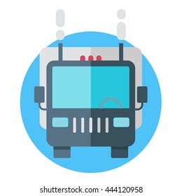Front view of a truck. Colored flat vector illustration on roud blue background. 