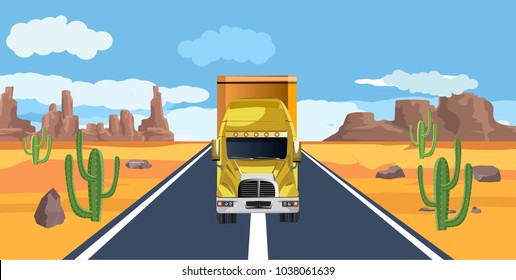 Front view of Truck trail driving on the road in the desert landscape, horizontal vector concept illustration