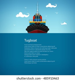 Front View of the Tugboat, Pushboats for Towage and Mooring of Other Courts , Poster Brochure Flyer Design, Vector Illustration