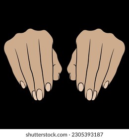 Front view of two beautiful female hands. Typing gesture. Manicure template. Cartoon style. On black background.