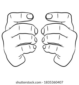 Front view of two empty human hands with bent fingers. Cartoon style. Black and white silhouette.