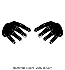 Front view of two empty human hands with open fingers. Black and white silhouette. Conjure gesture.