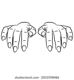 Vista frontal de dos manos hembras con los dedos doblados. Plantilla de manicura. Escribiendo gesto. Silueta lineal blanca y negra. Estilo de caricatura.