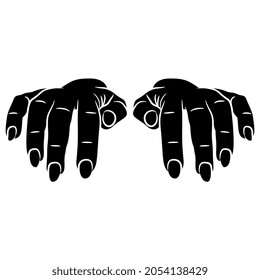 Front view of two female hands with bent fingers. Manicure template. Typing gesture. Black and white negative silhouette. Cartoon style.