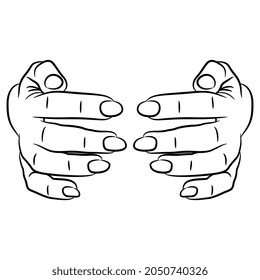Front view of two human female hands with bent fingers in embracing gesture. Cartoon style. Black and white linear silhouette.