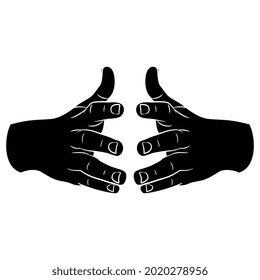 Front View Of Two Human Hands With Open Fingers In Reaching Forward Gesture. Cartoon Style. Black And White Negative Silhouette.