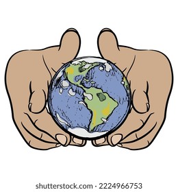 Front view of two human hands holding planet Earth. Creative environmental or social concept. Cartoon style. Isolated vector illustration.