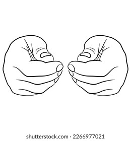 Front view of two human hands in pinched fist gesture. Black and white linear silhouette. Cartoon style.