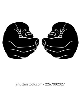 Front view of two human hands in pinched fist gesture. Black and white negative silhouette. Cartoon style.